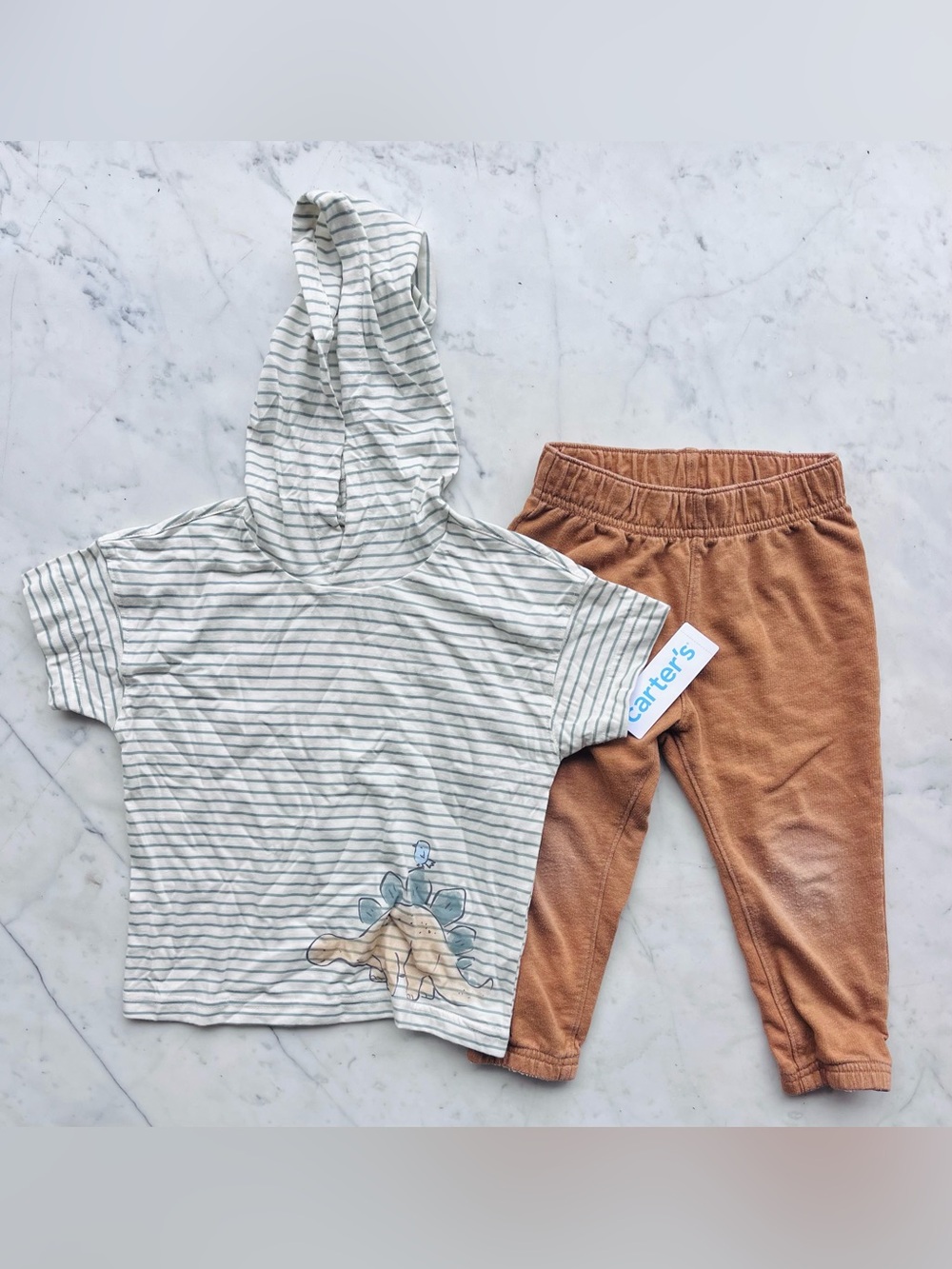 Toddler Boy 2-Piece Dinosaur Striped Hooded Tee & Brown Jogger Set 3T